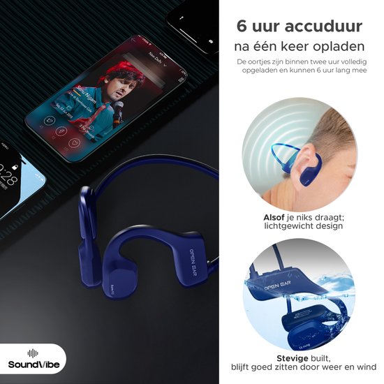 Soundvibe® Bone Conduction Headphones Blue - Casque de sport - Ecouteurs de sport - Ecouteurs sans fil - Résistant à l'eau - Carte mémoire interne de 8 Go - Casque de sport - Pour tous les téléphones et ordinateurs portables - Ecouteurs de course - Ecoute