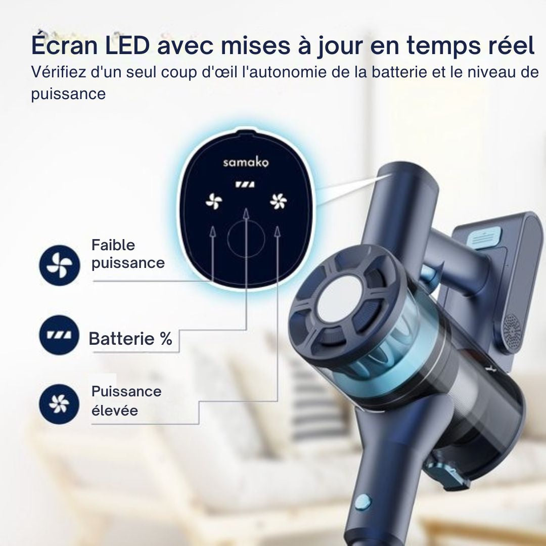 Aspirateur bâton sans fil - Samako - CleanDetect Lite 250W - 2 accessoires - Pas de sac sur la batterie - bleu foncé