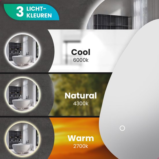 Mirlux Miroir de salle de bain avec éclairage LED - Miroir mural asymétrique - Forme organique - Miroir de douche anti-condensation - Miroir mural 90x60CM