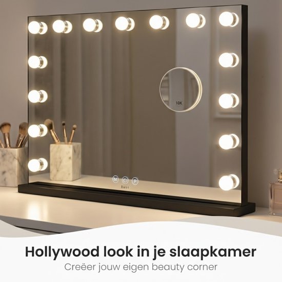 Bayt Hollywood Mirror with Lighting - Miroir de maquillage avec éclairage - Miroir avec éclairage - Dimmable - Grossissement 10x - 58x46cm - Noir