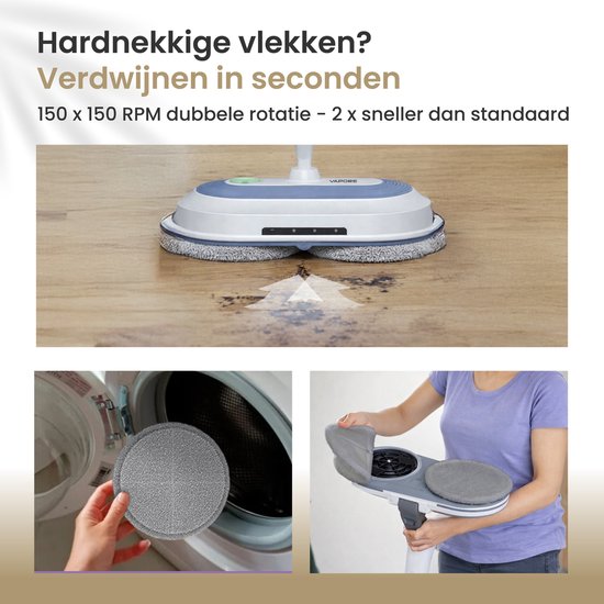 Vapore Electric Mop Cordless - 150×150 RPM Dual Rotation - 40 min Battery - LED Lighting - Floor Cleaner - All Hard Floors - Quiet 77.5 dB - Mopping System with Spray