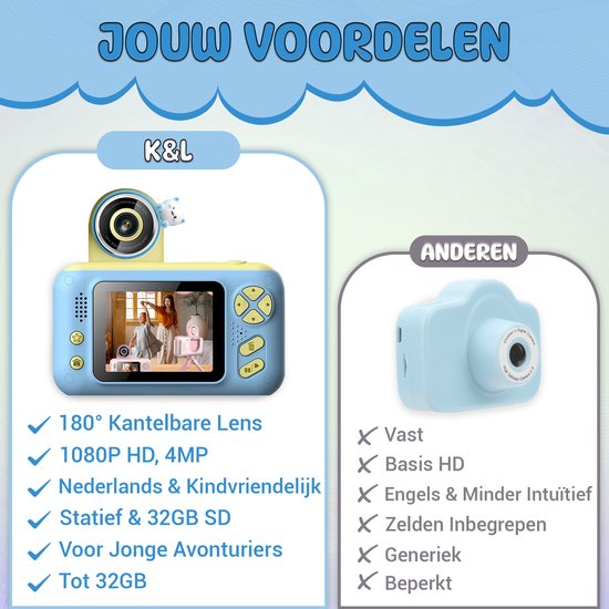 K&L Digital Kids Camera Kids - Caméra vlog pour enfants - Caméras numériques pour enfants - Caméras pour enfants - Caméra pour enfants - Bleu