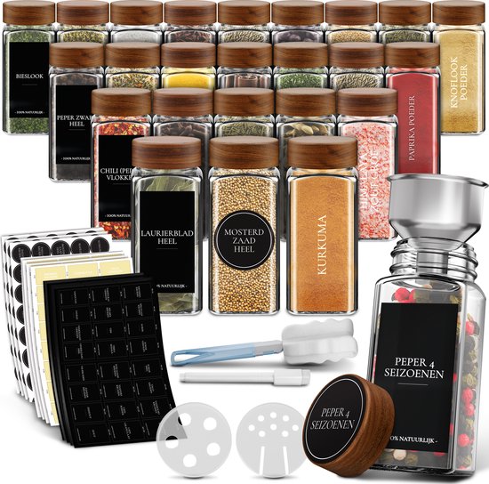 Soothe 24 pots à épices carrés en verre avec couvercle en acacia - 2 types de couvercles - Diffuseur d'épices - Pots à épices - Set complet avec autocollants pour épices, bâton de craie et accessoires - 120ml