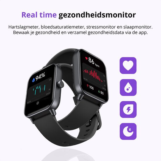 Maoo Boost 2 Smartwatch Femmes et Hommes - Convient pour Whatsapp et Belfonction complète - Android & iOS - Montre sport - Fréquence cardiaque, Saturation sanguine, Moniteur de sommeil - Podomètre, Compteur de calories - Étanche - Noir