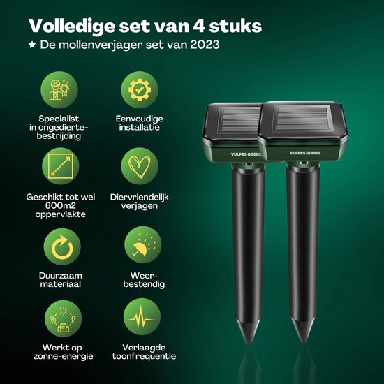 Vulpes Goods® Repellent - Mole Repellent - 4 pieces - Répulsif pour souris - Répulsif pour taupes - Fonctionne à l'énergie solaire - Résistant à l'eau - Respectueux des animaux - Un jardin, une pelouse ou un terrain propre !