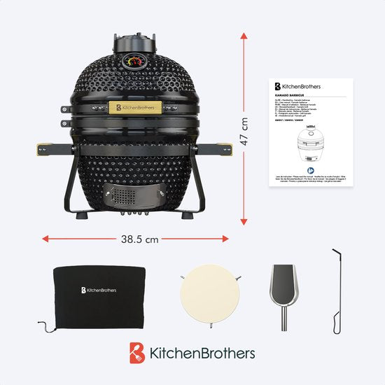 KitchenBrothers Kamado BBQ - 13 Inch Charcoal Barbecue - 27⌀ cm - Deluxe Set - Egg BBQ with Accessories including Cover - Noir