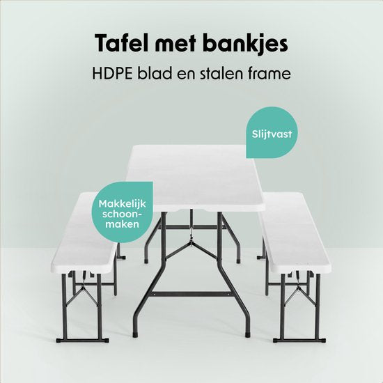 LifeGoods Set de pique-nique pliable - 180cm x 74cm - Table de jardin avec 2 bancs - Résistant aux intempéries - Table de camping - Table à bière pliable - Pour l'intérieur et l'extérieur - Pour 6 à 8 personnes - Blanc