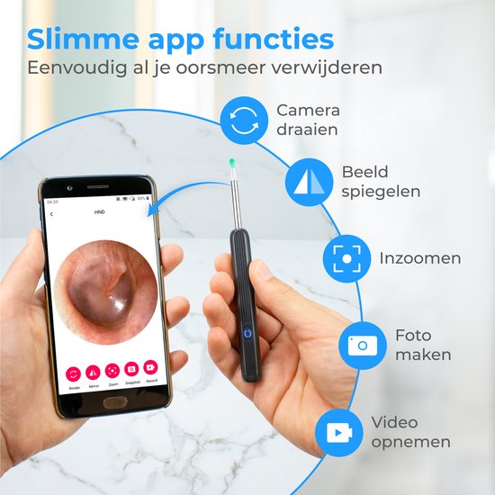 Nuvance - Extracteur de cérumen avec application caméra - Nettoyeur d'oreilles - Set de nettoyage d'oreilles - Pulvérisateur d'oreilles - Earscratcher - Set de nettoyage inclus