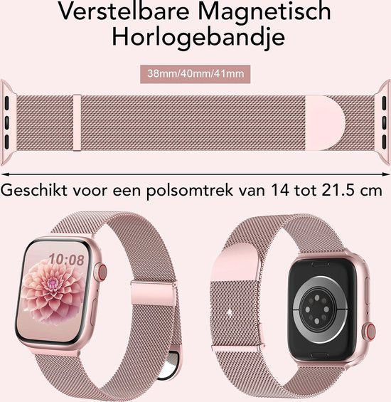 Podec Smartwatch Bracelet magnétique en acier inoxydable rose - Convient à l'Apple Watch - Bracelet adapté à l'iWatch 38 / 40 / 41 mm - Convient aux séries 1/2/3/4/5/6/7/SE