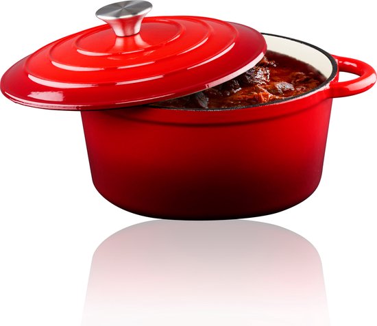 alpina Casserole en fonte avec couvercle - Plaque de cuisson ⌀ 24 cm - Toutes sources de chaleur - Rouge
