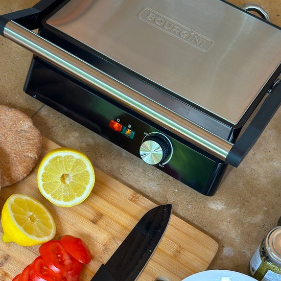 Bourgini Contact Grill Classic - Gril à panini et fer à griller - Revêtement antiadhésif - Couvercle flottant - Appareil à griller - Gril de contact - Acier inoxydable - Sans BPA