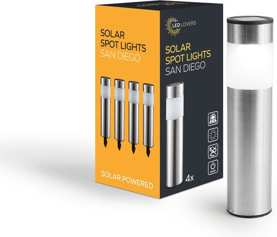 LED Lovers - Lampe de jardin solaire à LED avec pointes de terre - Lot de 4 - Lampe de chemin avec capteur de lumière - acier inoxydable - 8-10 heures de fonctionnement - 27cm