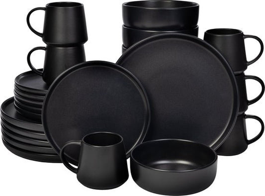 Deleca Service de table 6 personnes Kyoto - Tasses à café avec oreille / Bols / Grandes assiettes et petites assiettes - Style Japonais - Faïence massive - Noir mat / 24 pièces