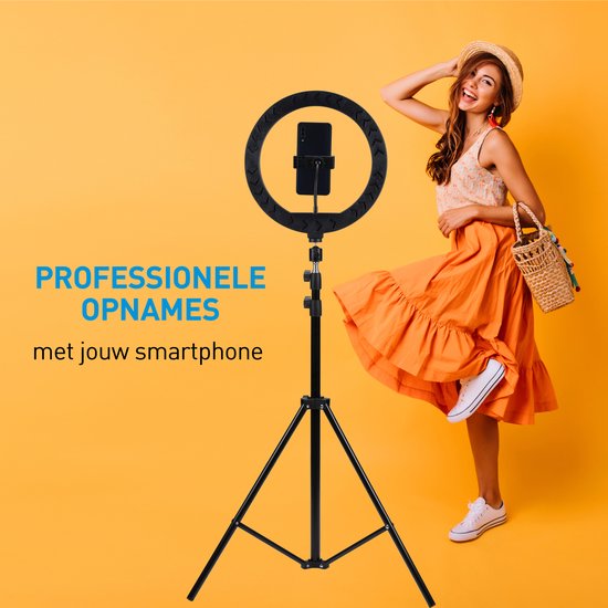 Lampe annulaire Grundig avec trépied - Lampe annulaire réglable jusqu'à 195 cm - Lampe Tiktok avec support de téléphone - Lampe annulaire pour selfie - Lampe annulaire avec 3 niveaux de lumière - Lampe de maquillage
