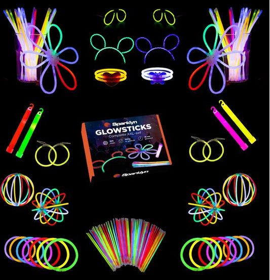 Sparklyn XXL Glow in the Dark Stick Set - 328pcs Glow sticks with accessories - Breaking sticks - Neon Party