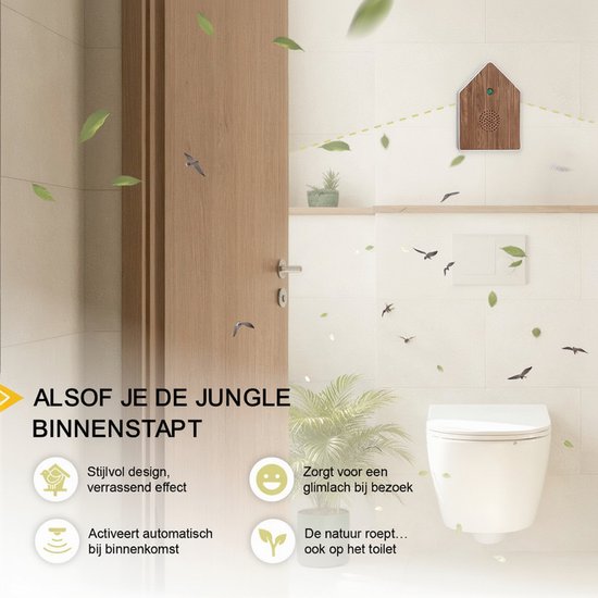 UPLY Maison d'oiseau avec son - Maison d'oiseau avec capteur - 5 sons naturels pour toilettes/WC - Détecteur de mouvement - Zwitscherbox - Cadeau - Fixation incluse - Blanc - Chêne