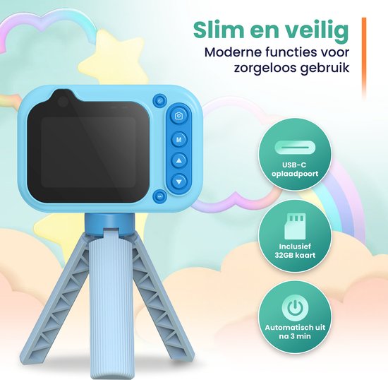 ODESSEY Caméra étanche pour enfants - avec trépied - Full HD - Caméra selfie - Carte SD 32 Go - Photo - Vidéo - Jeux - Caméra numérique pour enfants - Caméra photo pour enfants - Bleu