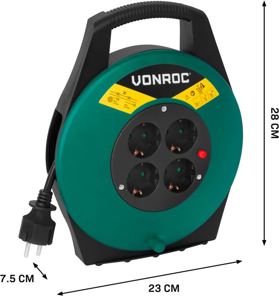 VONROC Enrouleur de câble 10m - IP20 - Câble PVC H05VV-F 3G1.5mm² - 4 prises Schuko mises à la terre - 3200W (déroulé)/1100W (enroulé) - Protection thermique
