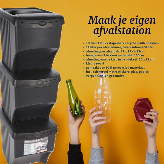 Poubelles de tri sélectif - Empilables - Plastique - 3 x 22 litres