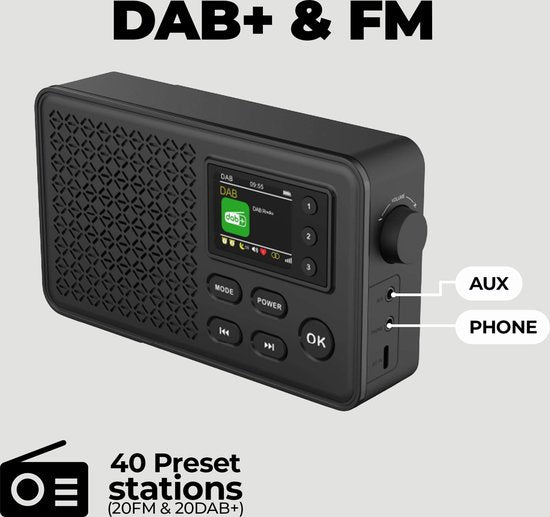 Radio - Denver DAB - Bluetooth - Radio DAB+/FM - 40 stations préréglées - Radio-réveil - DAB57B