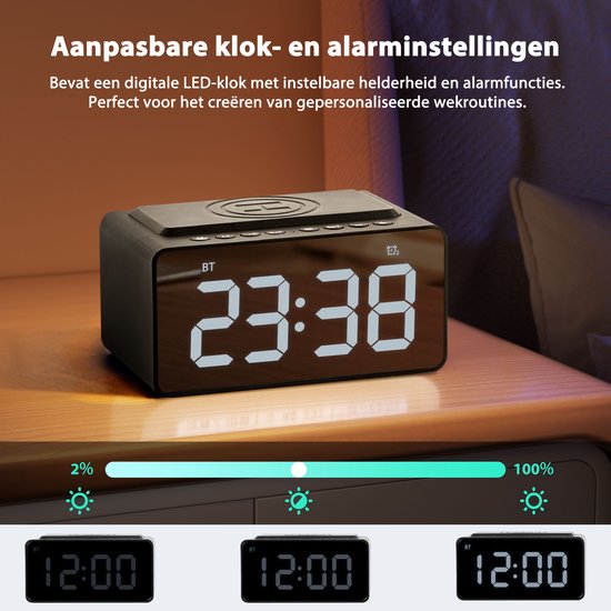Réveil numérique - avec radio, Bluetooth et chargeur sans fil - Réveil radio - Fonction Snooze - Noir - by Faas