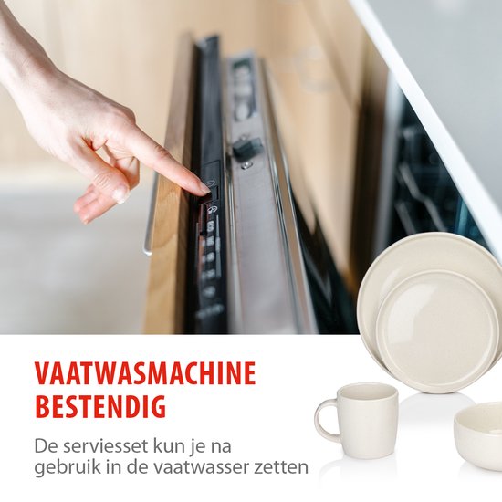 alpina Service de table 16 pièces - Ensemble d'assiettes 4 personnes - Vaisselle en faïence - Assiettes à déjeuner, assiettes à dîner, bols et tasses - Résiste au micro-ondes et au lave-vaisselle - Crème