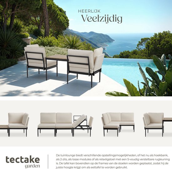 tectake® - Magaluf lounge set - Salon de jardin 5 en 1 avec structure en aluminium - 2 fauteuils de jardin et 1 table basse - Peut être utilisé comme chaise longue, banc d'angle ou banc de jardin 2 places - Coussins inclus - Set de balcon 2 personnes