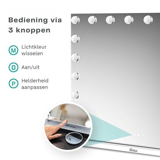 Mirlux Grand miroir hollywoodien 80x60CM - 2 haut-parleurs Bluetooth - ports de charge USB & USB-C - éclairage LED - miroir de maquillage - zoom 10x - à suspendre - blanc