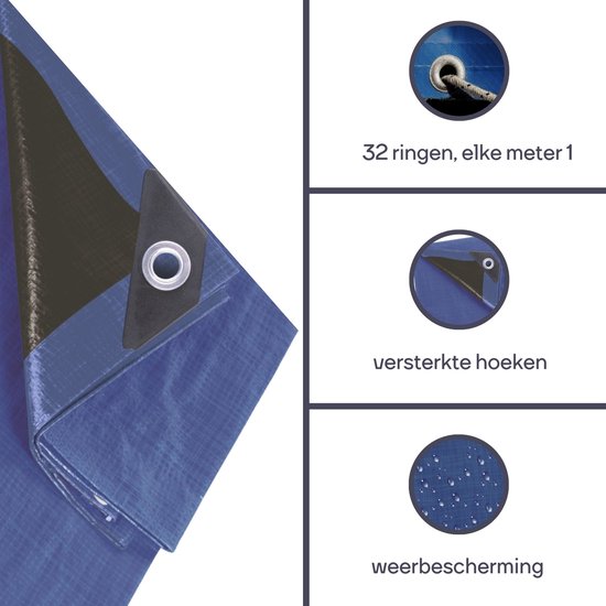Perel Tarpaulin, ultra-strong, 32 anneaux, coins renforcés, rectangulaire, bleu/noir, 180 g/m², 6 x 10 m