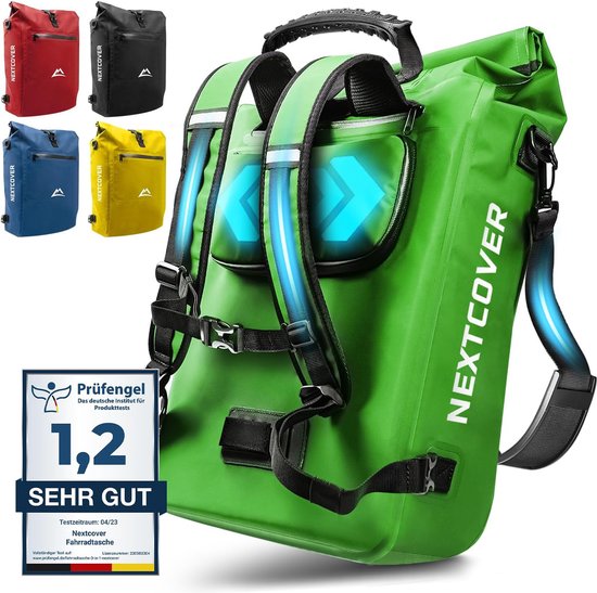NEXTCOVER® NEW 3-in-1 bike bag for carrier [Aquashield] - Reflective luggage bag bag waterproof - backpack and shoulder bag [25 litres]- Vegetable