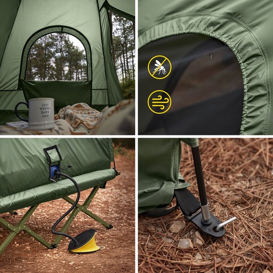 SoBuy OGS61-L-GR | Lit de camp pliable | 3 en 1 avec toit anti-UV + matelas gonflable + sac de transport | charge maximale 300 kg | 2 personnes