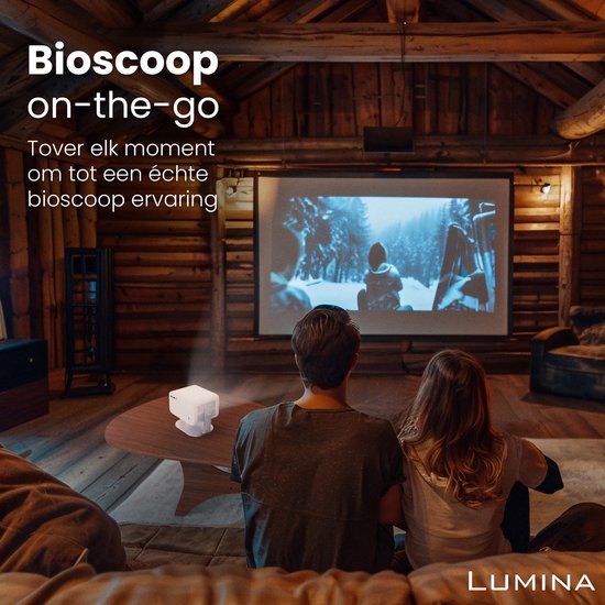 Lumina® Stellar Beamer 2025 - 4K Ultra HD - Écran et redressement automatique - Projecteur Smart TV tout-en-un - Pour iOS et Android - Blanc