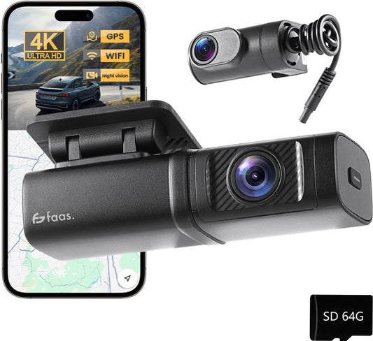 Dashcam pour voiture avant et arrière - 4K et 64GB - Double Dashcam - Capteur G et fonction Time-lapse - Noir - by Faas