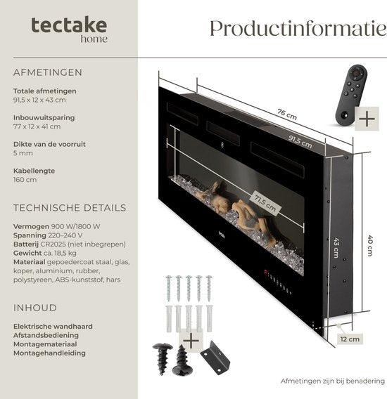 tectake® Wall Fireplace - Cheminée électrique - Atmosphere Fireplace - 91,5 x 12 x 43 cm - 900W & 1800W - contrôlé par télécommande ou application - avec thermostat - poêle - avec chauffage - cheminées - effets de bois et de lueur - flammes 3D - minuteur
