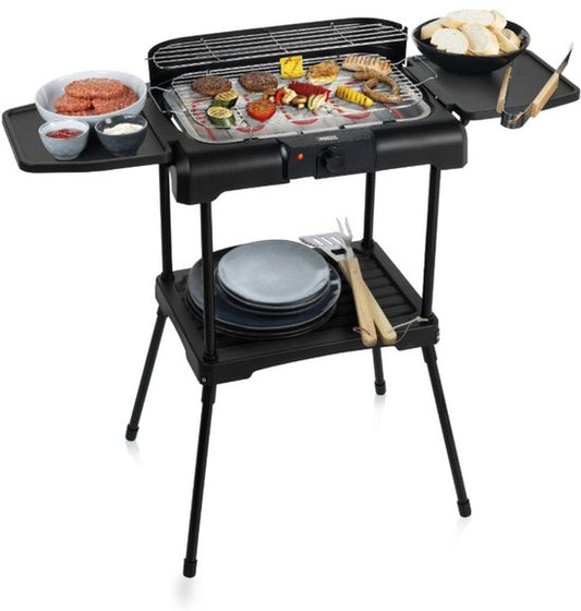 Barbecue électrique - Princess 112250 Barbecue électrique avec étagères latérales - BBQ - 40x25cm - Utilisable avec et sans support - Avec étagères latérales - Utilisable également comme grill de table - 2200W