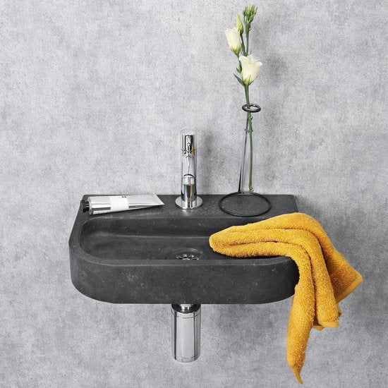 Differnz Fontaine ovale - Evier en pierre naturelle - Noir - Robinet droit - Chrome - Poignée standard - 38 x 24 x 8 cm