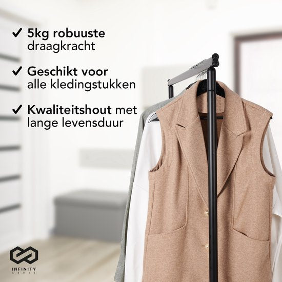 Infinity Goods 30 Houten Kledinghangers Zwart - Kleerhanger - Inkeping en Broeklat - Metalen Haak - Volwassenen - 30 Stuks - Zwart