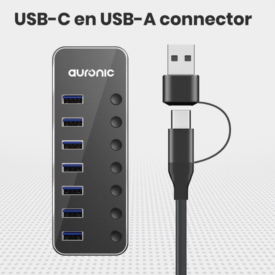 Auronic USB Hub 3.0 - Répartiteur USB avec 7 ports - avec alimentation - 5 GBP - Indication Led - Noir