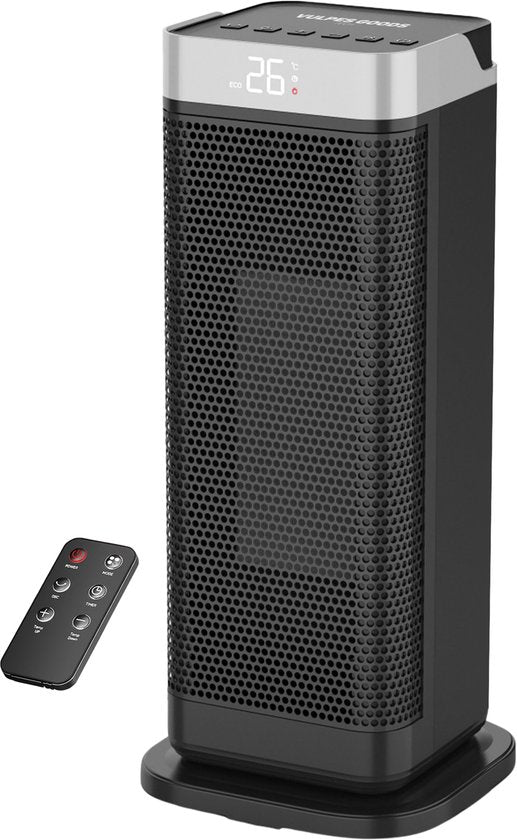 Vulpes Goods® Tech - Réchaud électrique - Réchaud à ventilateur - Réchaud en céramique - 4 niveaux - 2000W - Minuterie, télécommande et thermostat - Chauffage - Chauffage électrique pour l'intérieur - Noir
