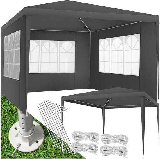 tectake® Pavillon Barinas - Tente de réception 3x3 m - Bâche imperméable avec 3 panneaux latéraux amovibles - Pavillon de jardin résistant aux intempéries - Lignes de tension et piquets inclus - Gris