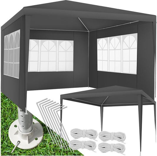 tectake® Pavillon Barinas - Tente de réception 3x3 m - Bâche imperméable avec 3 panneaux latéraux amovibles - Pavillon de jardin résistant aux intempéries - Lignes de tension et piquets inclus - Gris