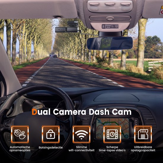 Dashcam pour voiture avant et arrière - 4K et 64GB - Double Dashcam - Capteur G et fonction Time-lapse - Noir - by Faas