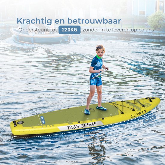 Supper Sup Board XL - Max. 220KG - Gonflable - Planche à pagaie - Pagaie réglable - Etui de téléphone étanche - Pompe - Palmes - Leash - Sac de transport - Touring 381 x 81 cm - Vert lime