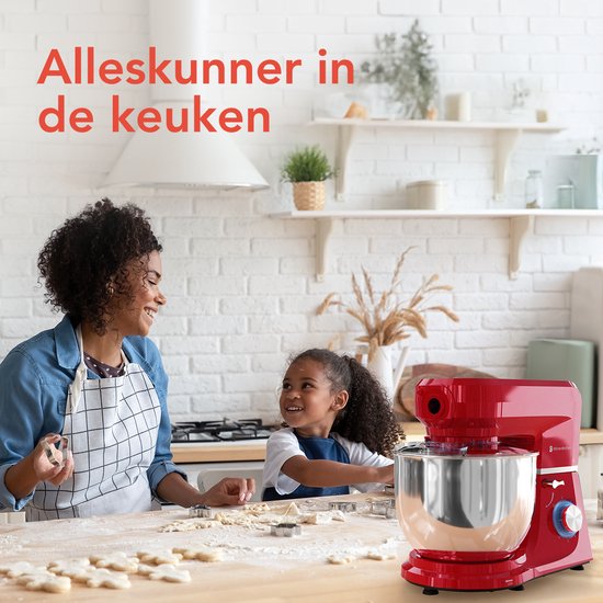 KitchenBrothers Robot de cuisine 6-en-1 - 1500W - Avec hachoir, blender et 15 accessoires - Bol en acier inoxydable de 6,2L - Rouge