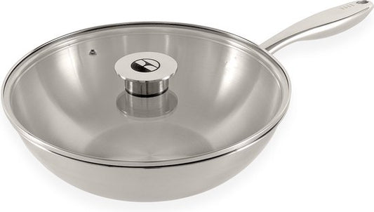 Poêle wok ELLE Gourmet Classique en acier inoxydable avec couvercle - Ø 28 cm - Sans PFAS - Induction