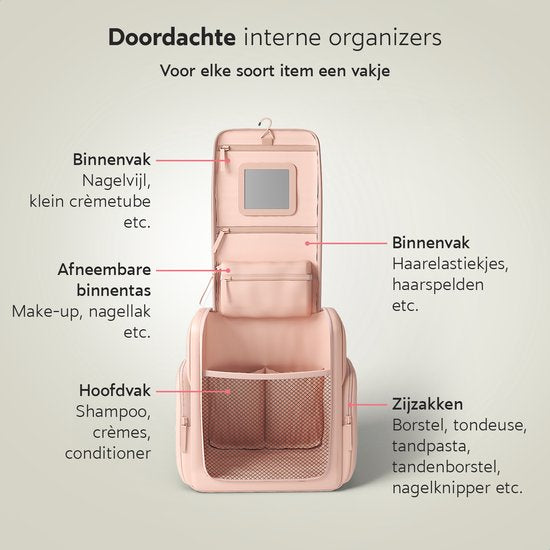 ONYX Trousse de toilette rose - Trousse de maquillage - Organisateur de cosmétiques - Organisateurs internes - Miroir de maquillage - Suspendable - Femmes et hommes - Taille : L
