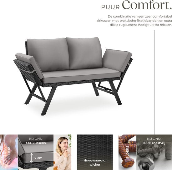 tectake® 2-in-1 Banc de jardin en osier Sintra - mains courantes réglables - set de jardin - chaise longue - banc de salon de balcon - coussins inclus - canapé de salon d'extérieur - lit solaire résistant aux UV et aux intempéries - gris clair/noir