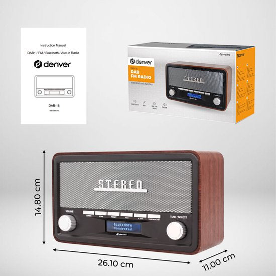 Denver DAB Radio - Retro Radio - Bluetooth - DAB+/ FM - Dimmable - Batteries & secteur - DAB18