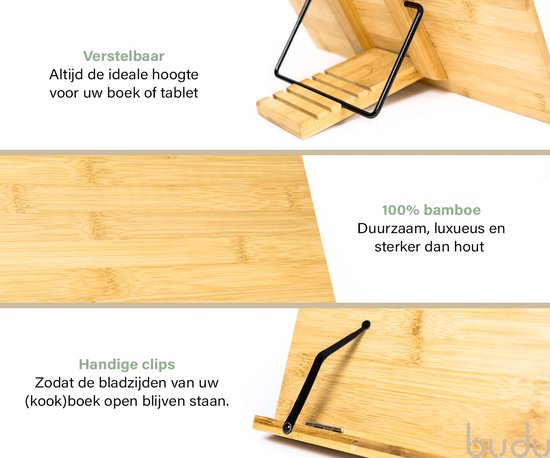 Budu Support de livre - Support de livre - Support de livre en bois de bambou - Support de tablette - Support de lecture - Réglable (5 positions)