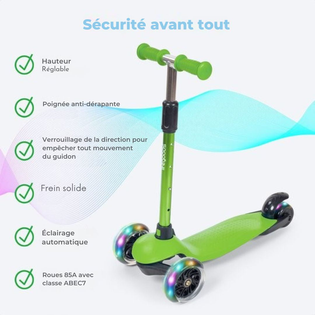 Trottinette pour enfants LifeGoods - 2-5 ans - 3 roues LED lumineuses - Hauteur réglable - Garçons/Filles - Vert